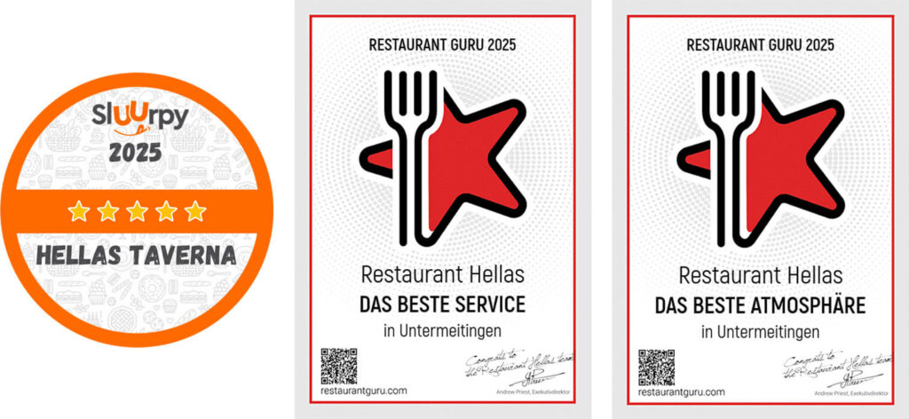 Auszeichnungen 2025 für bestes Service und schönste Atmosphäre im Hellas Taverna.